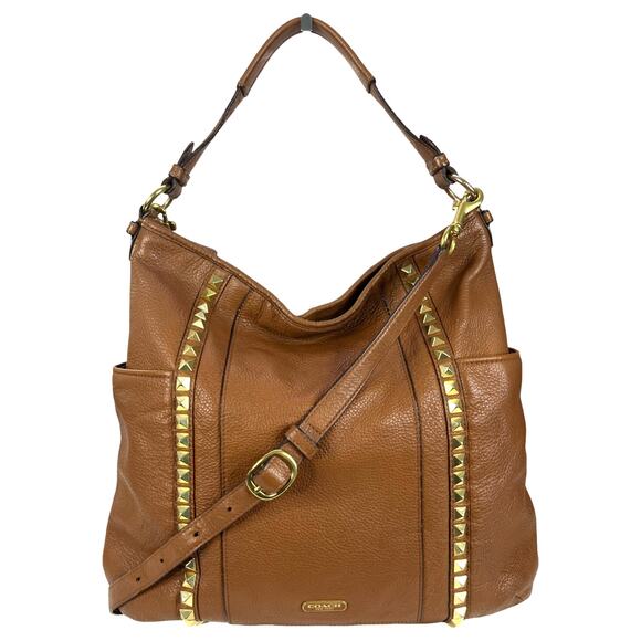 Coach Park Pyramid Studded Leather Hobo Shoulder Bag Tan Brown Large Tote - Picture 1 of 16